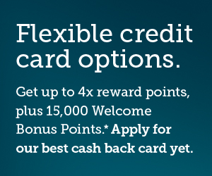 Flexible credit card options. Get up to 4x reward points, plus 15,000 Welcome Bonus Points.* Apply for our best cash back card yet.